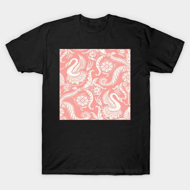 Cream on Peach Classy Medieval Damask Swans T-Shirt by JamieWetzel